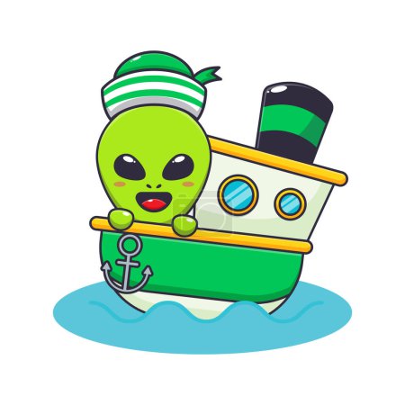 Ilustración de Cute captain alien sail on the ship. - Imagen libre de derechos