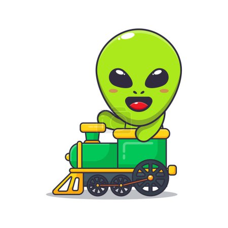 Illustration for Cute alien ride on train. Cartoon vector Illustration suitable for poster, brochure, web, mascot, sticker, logo and icon. - Royalty Free Image