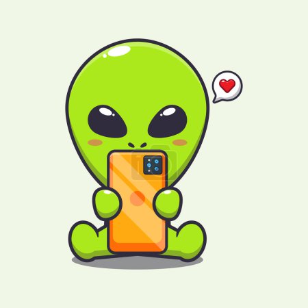 Illustration for Cute alien with phone cartoon vector illustration. - Royalty Free Image