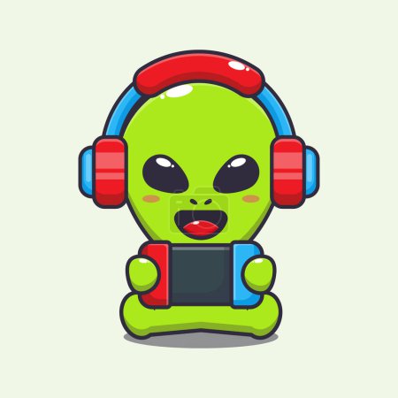 Ilustración de Cute alien play a game cartoon vector illustration. - Imagen libre de derechos