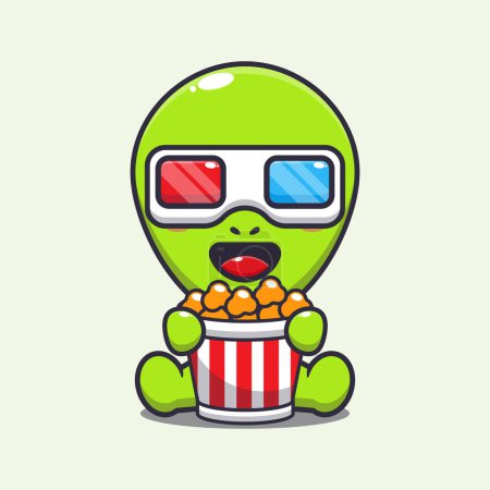 Illustration for Cute alien eating popcorn and watch 3d movie cartoon vector illustration. - Royalty Free Image