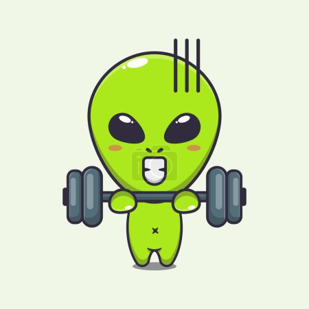 Ilustración de Cute alien lifting barbell cartoon vector illustration. - Imagen libre de derechos