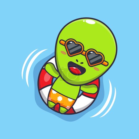 Téléchargez les illustrations : Mignon alien dans des lunettes de soleil flotteur avec illustration vectorielle de dessin animé bouée. - en licence libre de droit