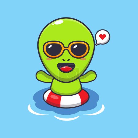 Téléchargez les illustrations : Mignon alien en lunettes de soleil nager sur la plage dessin animé vectoriel illustration. - en licence libre de droit