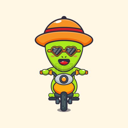 Illustration for Cool alien with sunglasses riding a motorcycle in summer day. - Royalty Free Image