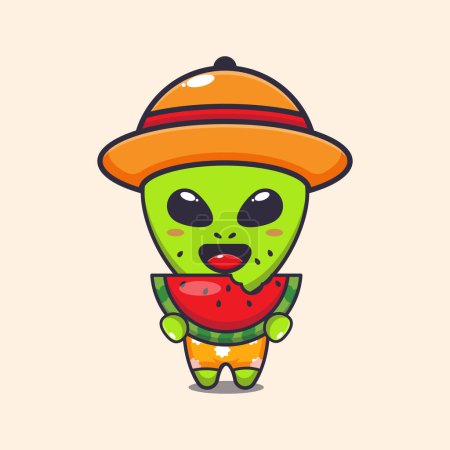 Illustration for Cute alien eating fresh watermelon cartoon vector illustration. - Royalty Free Image