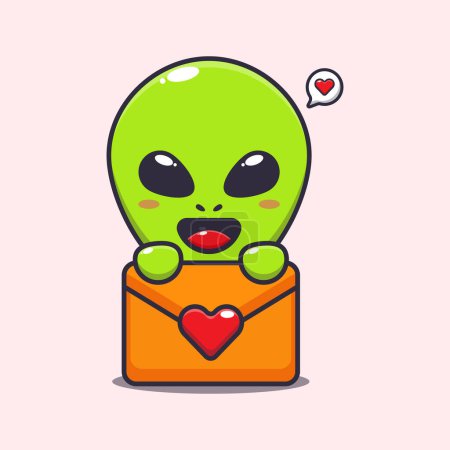 Illustration for Cute alien with love message cartoon vector Illustration. - Royalty Free Image