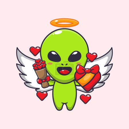 Illustration for Cute alien cupid holding love gift and love bouquet cartoon vector Illustration. - Royalty Free Image
