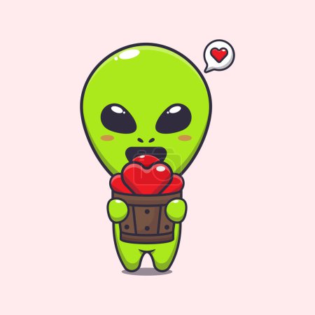 Illustration for Cute alien holding love in wood bucket cartoon vector Illustration. - Royalty Free Image