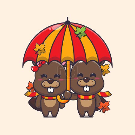 Illustration for Cute couple beaver with umbrella at autumn season. - Royalty Free Image