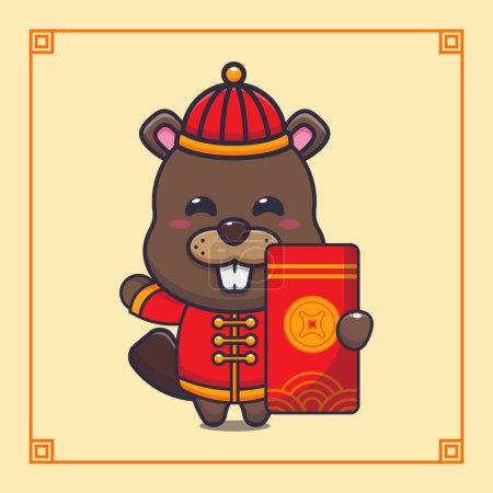 Illustration for Cute beaver with big red envelope in chinese new year. - Royalty Free Image