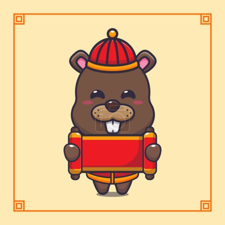 Téléchargez les illustrations : Mignon castor tenant bannière rouge dans la nouvelle année chinoise. - en licence libre de droit