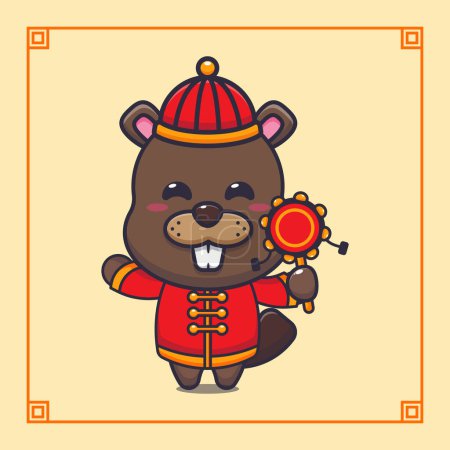 Ilustración de Lindo castor tocando el juguete del tambor en año nuevo chino. - Imagen libre de derechos