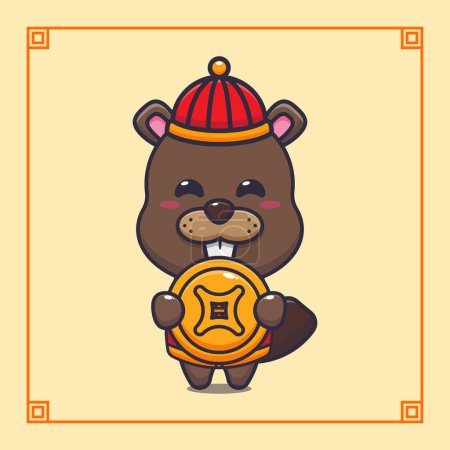 Illustration for Cute beaver with gold coin in chinese new year. - Royalty Free Image