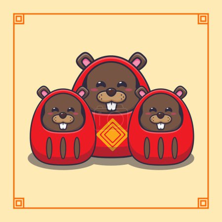 Téléchargez les illustrations : Mignon castor avec costume de poupées daruma en Nouvel An chinois. - en licence libre de droit