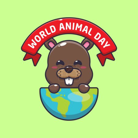 Téléchargez les illustrations : Mignon castor dans l'illustration vectorielle de dessin animé de la journée mondiale des animaux. - en licence libre de droit