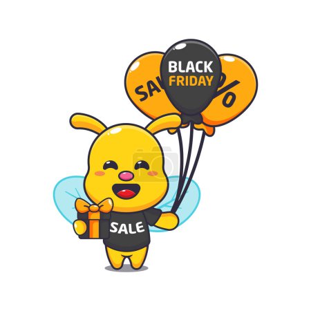 Illustration for Cute bee with gifts and balloons in black friday sale. - Royalty Free Image