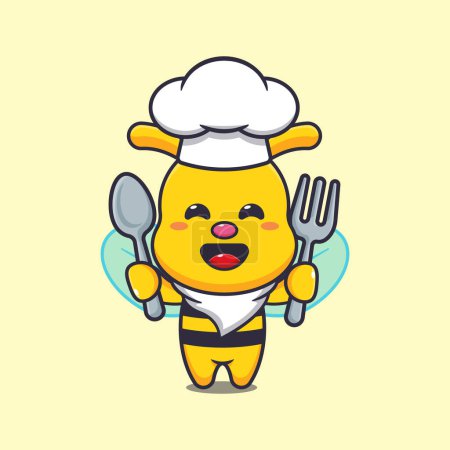 Ilustración de Linda mascota de la abeja chef personaje de dibujos animados con cuchara y tenedor. - Imagen libre de derechos