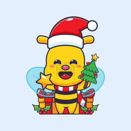 Illustration for Cute bee holding star and christmas tree. Cute christmas cartoon character illustration. - Royalty Free Image