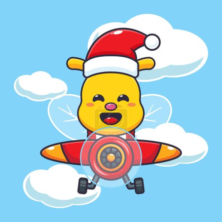 Téléchargez les illustrations : Jolie abeille portant un chapeau de Père Noël volant avec l'avion. Jolie illustration de personnage de dessin animé de Noël. - en licence libre de droit