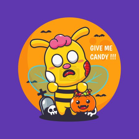 Téléchargez les illustrations : L'abeille zombie veut des bonbons. Illustration vectorielle de dessin animé Halloween mignon. - en licence libre de droit