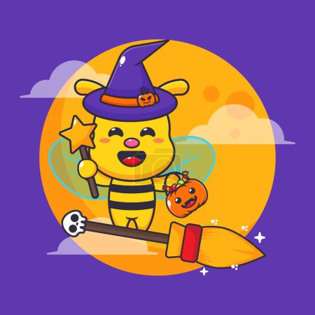 Téléchargez les illustrations : Mouche d'abeille sorcière avec balai dans la nuit d'Halloween. - en licence libre de droit
