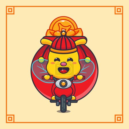 Ilustración de Abeja linda montando una motocicleta con una gran cantidad de oro en año nuevo chino. - Imagen libre de derechos