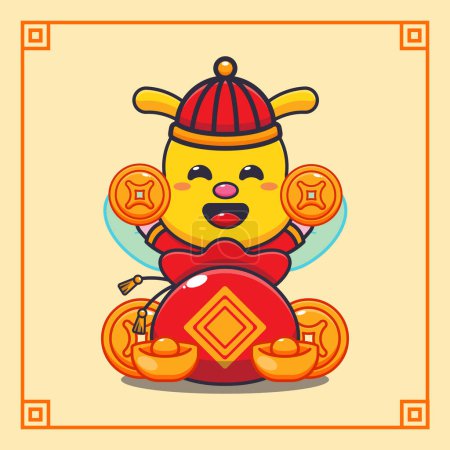 Illustration for Cute happy bee in chinese new year cartoon vector Illustration. - Royalty Free Image