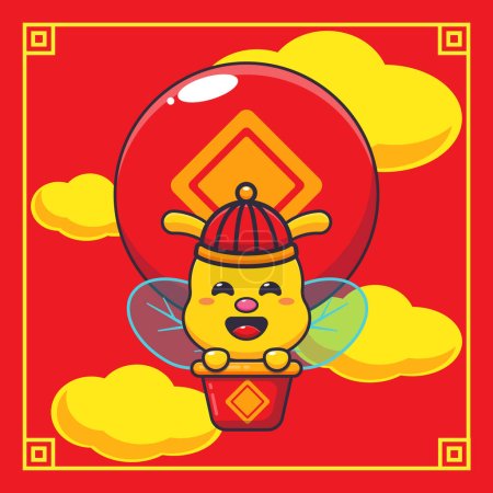 Illustration for Cute bee fly with air balloon in chinese new year. - Royalty Free Image