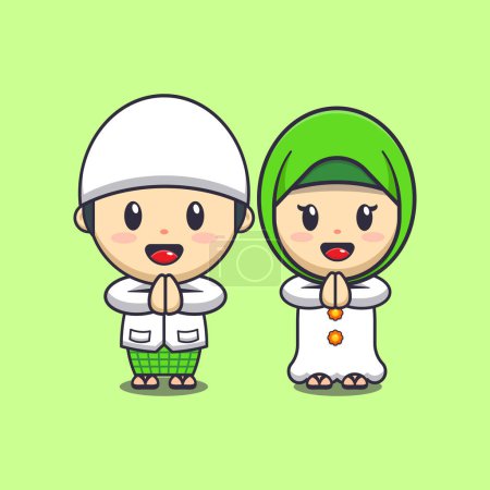 Illustration for Cute boy and girl in ramadhan. Ramadan cartoon mascot vector illustration. - Royalty Free Image