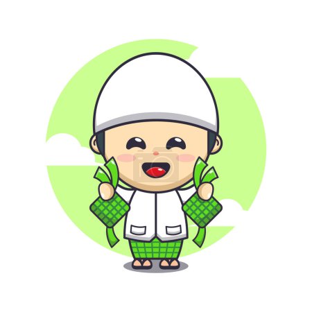 Illustration for Cute boy holding ketupat cartoon vector illustration. Ramadan cartoon mascot vector illustration. - Royalty Free Image