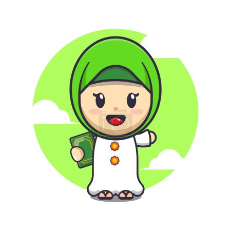 Téléchargez les illustrations : Jolie fille tenant livre dessin animé vectoriel illustration. Mascotte de Ramadan dessin animé illustration vectorielle. - en licence libre de droit