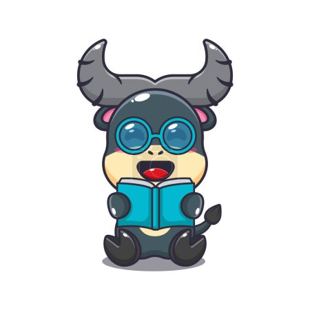 Illustration for Cute buffalo reading a book cartoon vector illustration. - Royalty Free Image