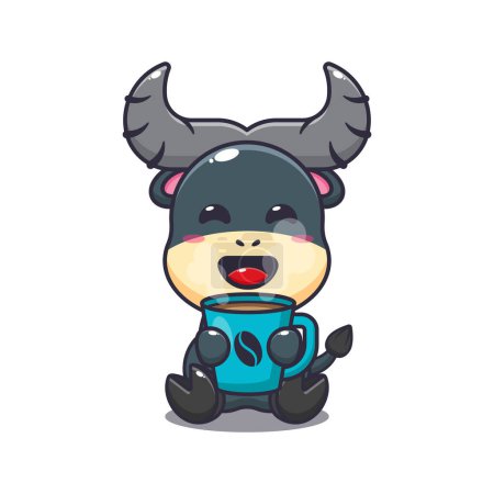 Illustration for Cute buffalo with hot coffee cartoon vector illustration. - Royalty Free Image