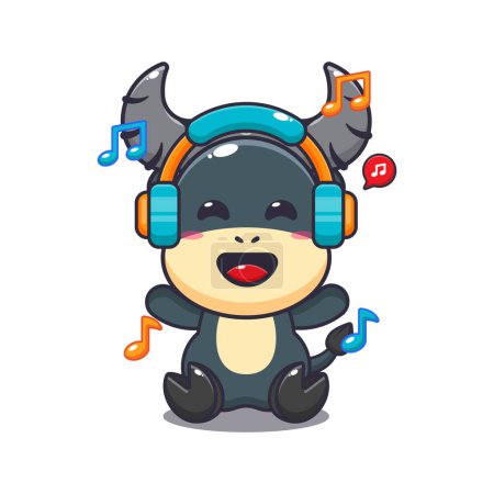 Ilustración de Lindo búfalo escuchar música con auriculares ilustración vector de dibujos animados. - Imagen libre de derechos