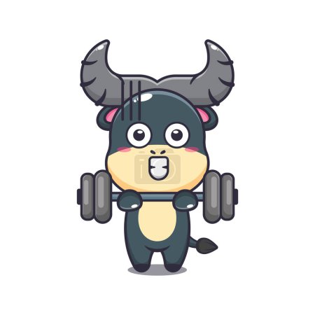 Illustration for Cute buffalo lifting barbell cartoon vector illustration. - Royalty Free Image