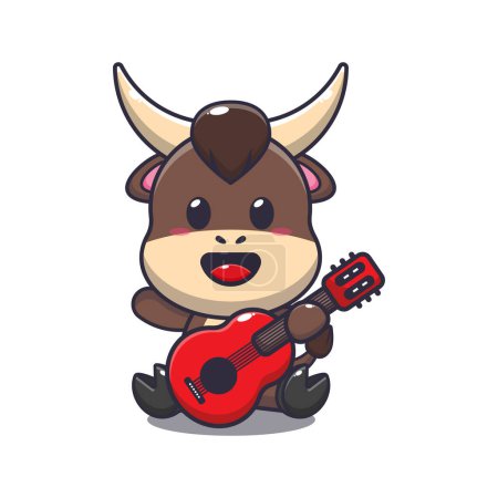 Téléchargez les illustrations : Mignon taureau jouant guitare dessin animé vectoriel illustration. - en licence libre de droit
