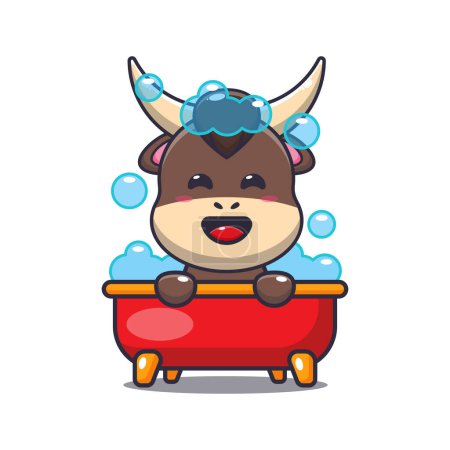 Téléchargez les illustrations : Mignon taureau prenant bain moussant dans la baignoire illustration vectorielle dessin animé. - en licence libre de droit