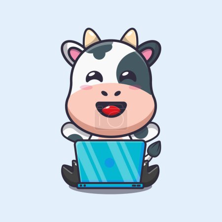 Téléchargez les illustrations : Vache mignonne avec illustration vectorielle de dessin animé pour ordinateur portable. - en licence libre de droit