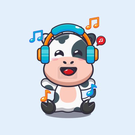 Illustration for Cute cow listening music with headphone cartoon vector illustration. - Royalty Free Image