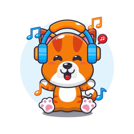 Ilustración de Lindo gato escuchando música con auriculares ilustración vector de dibujos animados. - Imagen libre de derechos