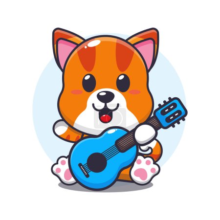 Téléchargez les illustrations : Mignon chat jouer guitare dessin animé vectoriel illustration. - en licence libre de droit