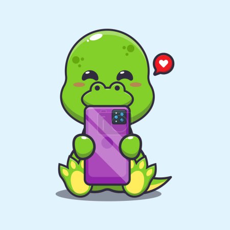 Illustration for Cute dino with phone cartoon vector illustration. - Royalty Free Image