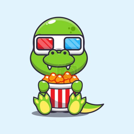 Illustration for Cute dino eating popcorn and watch 3d movie cartoon vector illustration. - Royalty Free Image