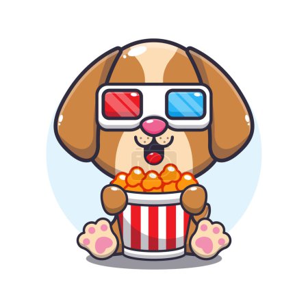 Illustration for Cute dog eating popcorn and watch 3d movie cartoon vector illustration. - Royalty Free Image
