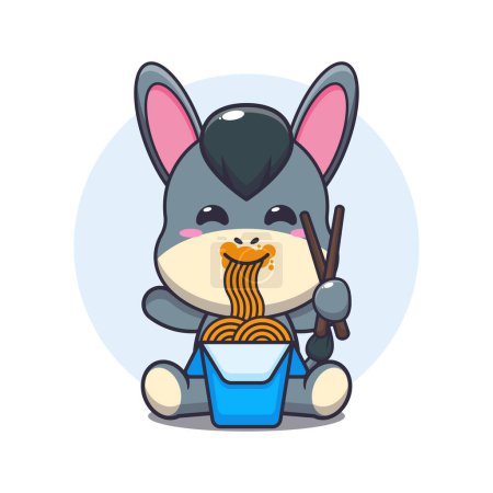 Illustration for Cute donkey eating noodle cartoon vector illustration. - Royalty Free Image