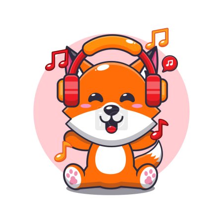 Illustration for Cute fox listening music with headphone cartoon vector illustration. - Royalty Free Image