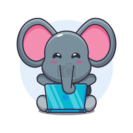Téléchargez les illustrations : Éléphant mignon avec illustration vectorielle de dessin animé pour ordinateur portable. - en licence libre de droit