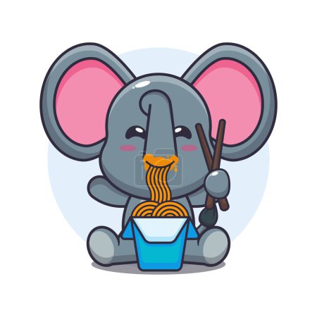Téléchargez les illustrations : Mignon éléphant manger nouilles dessin animé vecteur illustration. - en licence libre de droit