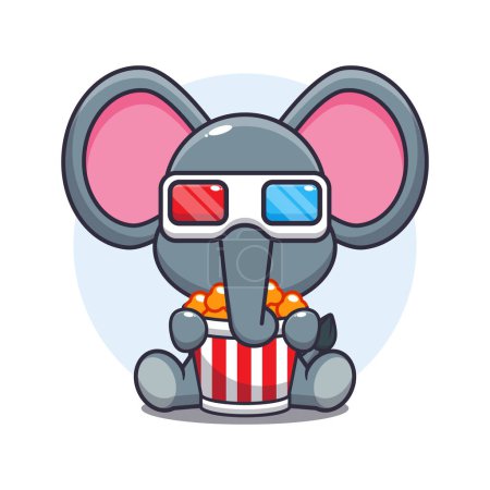 Illustration for Cute elephant eating popcorn and watch 3d movie cartoon vector illustration. - Royalty Free Image